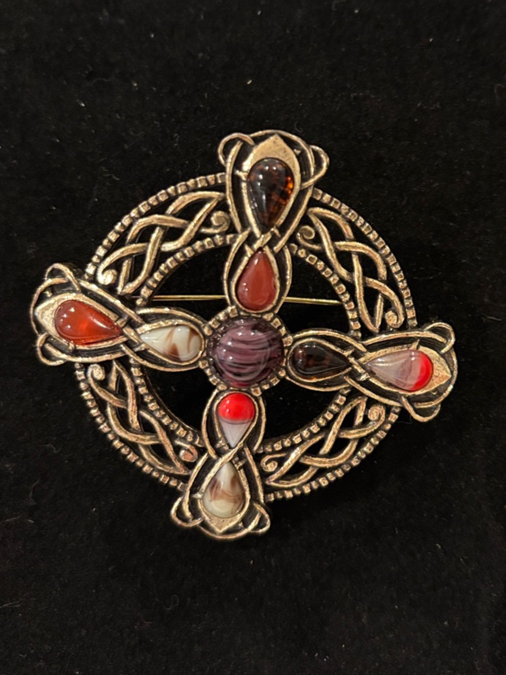 Miracle Gold-Tone Celtic Cross Brooch with Red and Purple Cabochons-Vintage